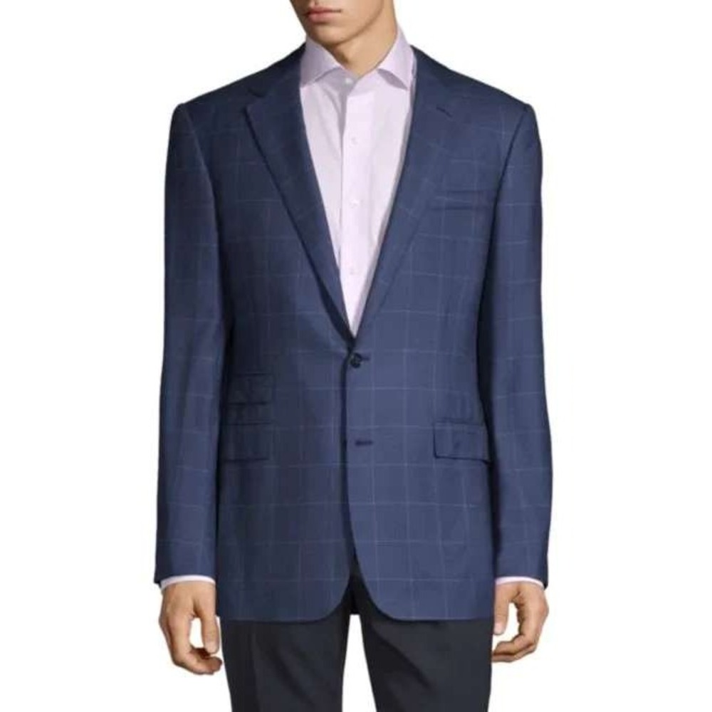 EUC Ralph Lauren Purple Label Cashmere Windowpane Suit Blazer Mens 42L Navy Blue